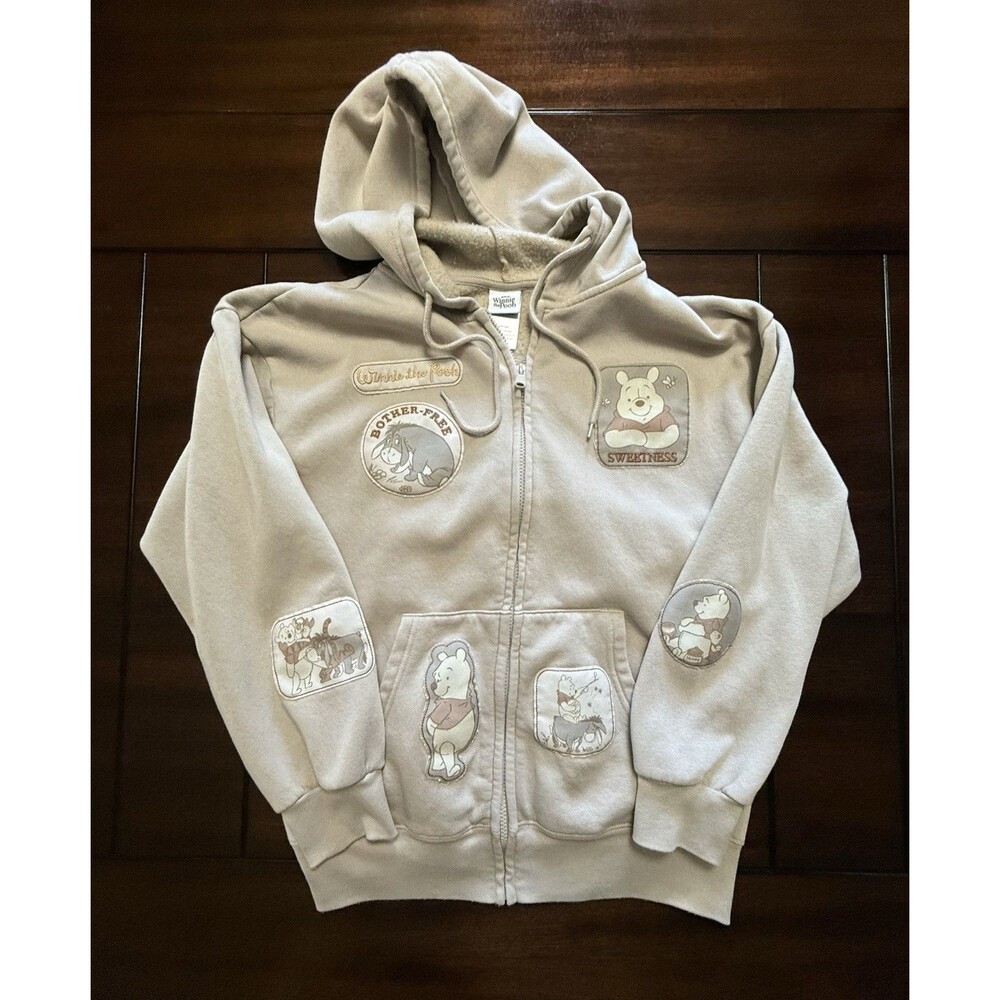 🔥🧸Disney Winnie the Pooh Adult Beige Full Zip Hoodie Sweatshirt L 🔥EXCELLENT